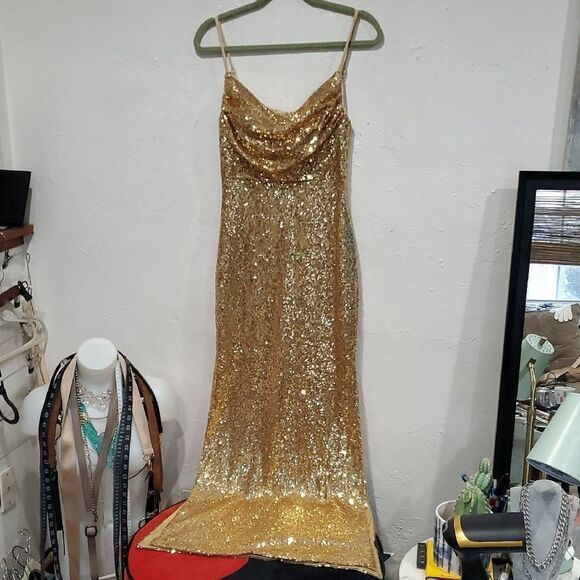 Revelry Gold Sequin Drape Front Maxi Dress Size 4 - Picture 1 of 13